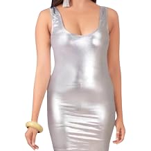 Silver Leather Look Bodycon Vest Dress for Women Metallic Shiny Foil Lycra Fabric Sleeveless Mini Dress Stretch Fit Elegant Evening Wear