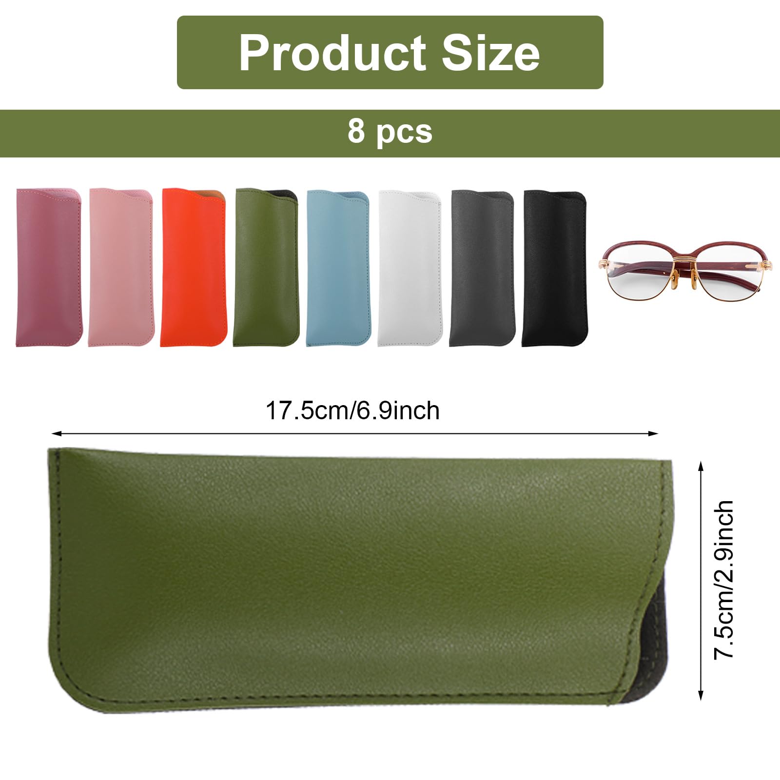JJUNW 8 sztuk miękkich etui na okulary, ze skóry PU, przenośne etui na okulary, 17,8 x 7,6 cm, płaskie etui na okulary do czytania, dla mężczyzn i kobiet
