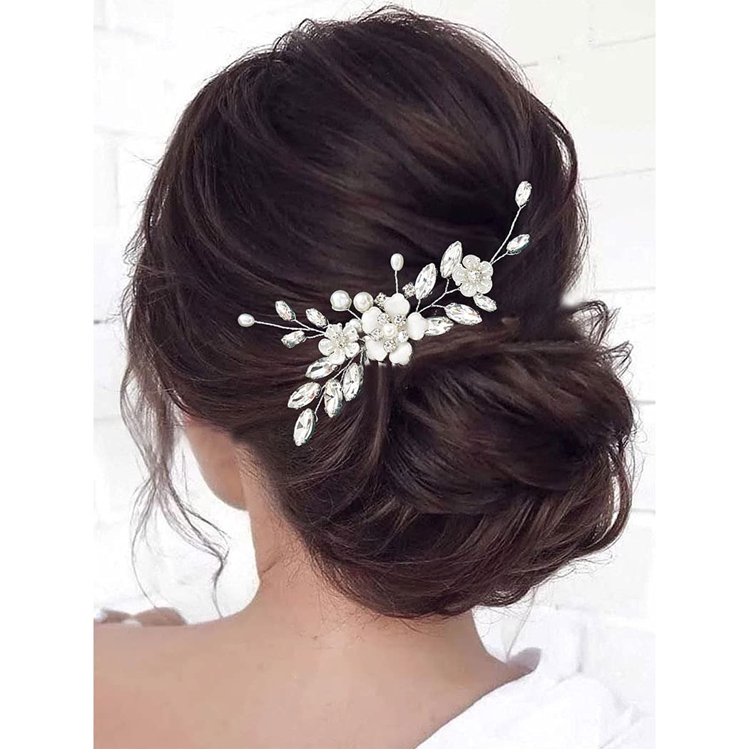 Gorais Bride Wedding Hair Comb Silver Flower Bridal Hair Piece Crystal Side Combs Hair Accessories for Women and Girls : Beauty & Personal Care