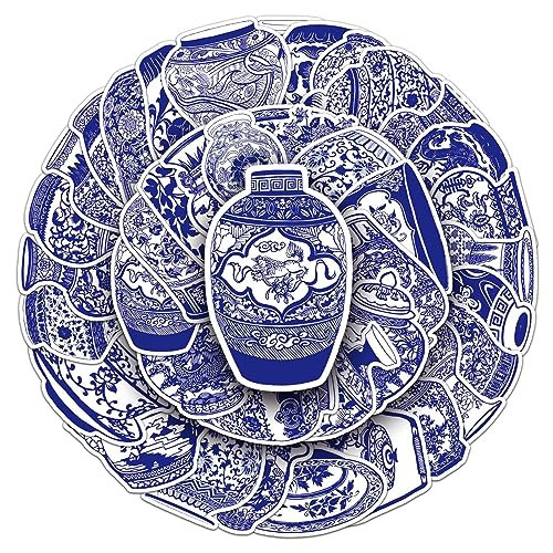 50 calcomanías de porcelana azul y blanca para laptop, coche, álbum de recortes, teléfono, monopatín, maleta, equipaje, bicicleta, botellas, calcomanías de vinilo impermeables, estéticas,