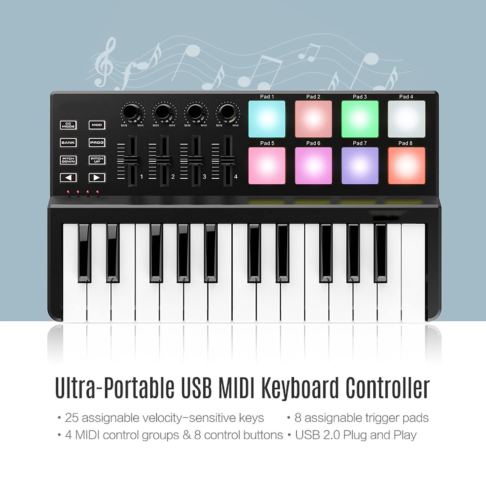 TsoLay Controller Tastiera Midi a 25 Tasti, Controller Midi USB Professionale con 8 Pad Trigger Retroilluminati Colorati, Manopole Rotanti E Software di Produzione Musicale, per Mac E PC