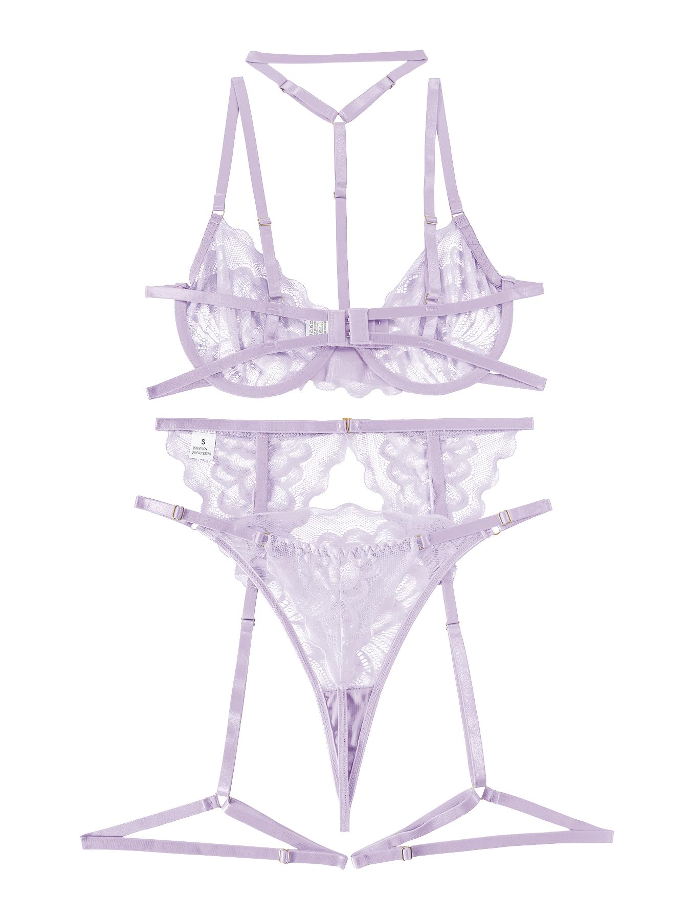 Lilosy Sexy Choker Floral Lace Scallop Sheer Underwire Push Up Garter Belt Lingerie Set 3 Piece: Medium Lavender Purple