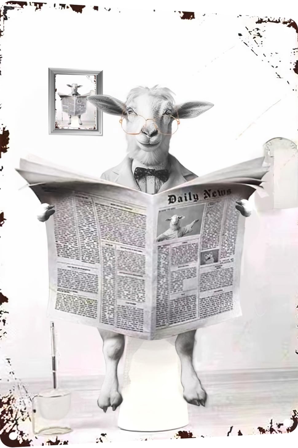 TopPacific Metal Tin Sign Vintage Sheep Toilet Reading Newspaper Humour Funny Animal Whimsy Animal for Home, Bathroom and Toilet Wall Decor 12x8 Inches(815)