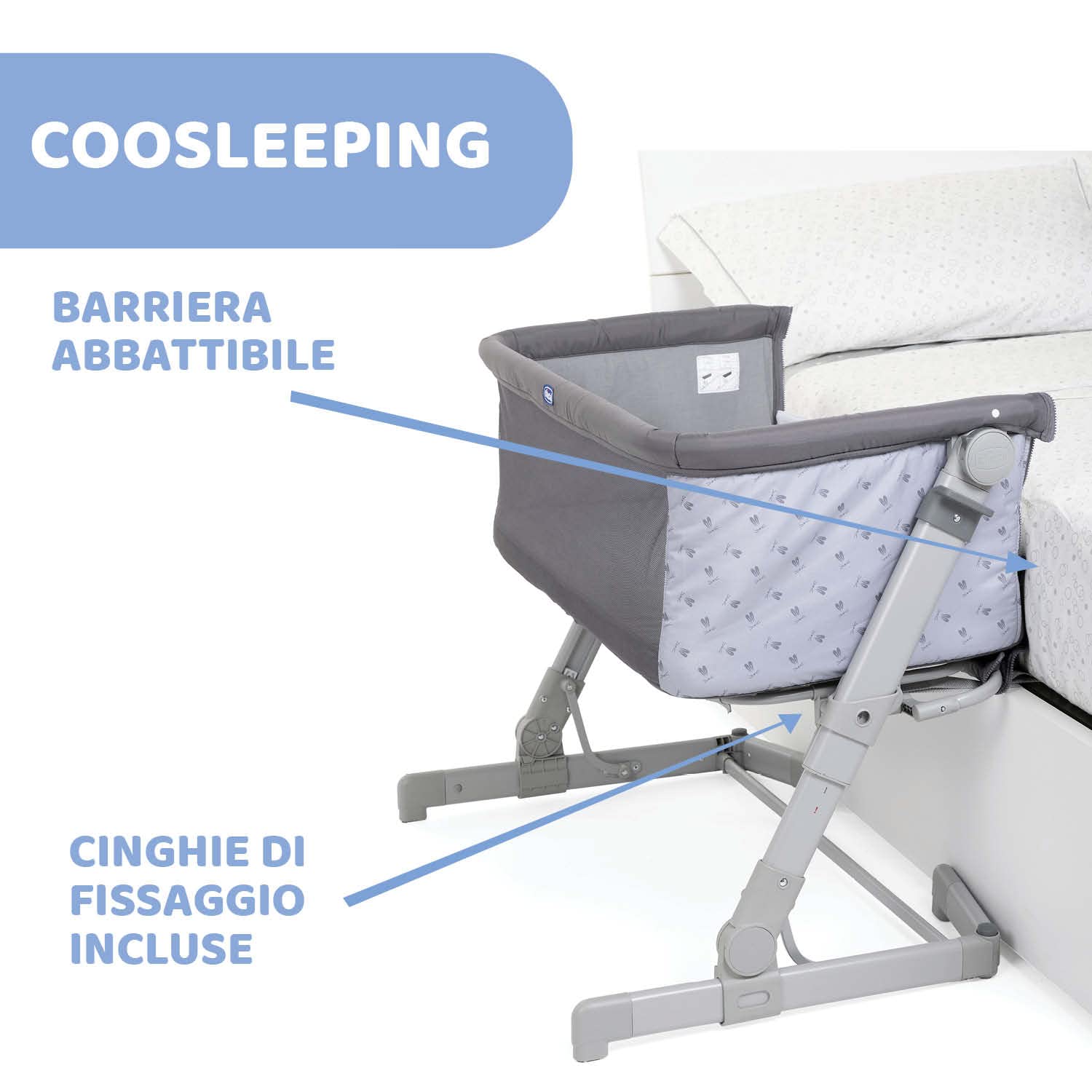 Chicco Next2Me Go Culla Neonato Fianco Letto, Compatibile con Diversi Letti, Altezza Regolabile, Buona Circolazione dell'Aria, culla da viaggio, lettino da viaggio, pieghevole, Grigio scuro