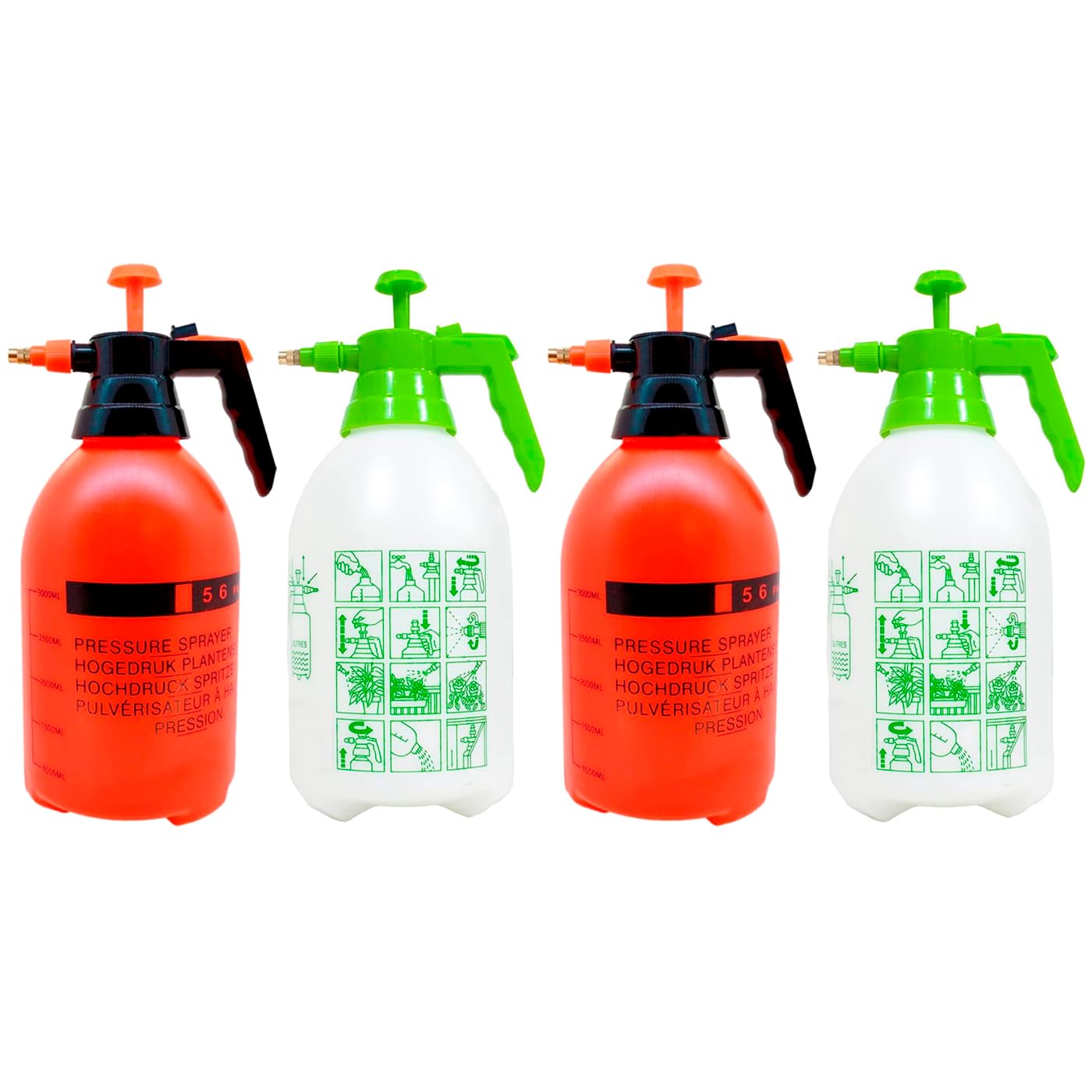 Tradineur Lot de 4 vaporisateurs à prétion pour jardin, en plastique, idéal pour sulfater fleurs et plantes, couleur aléatoire, 3 litres