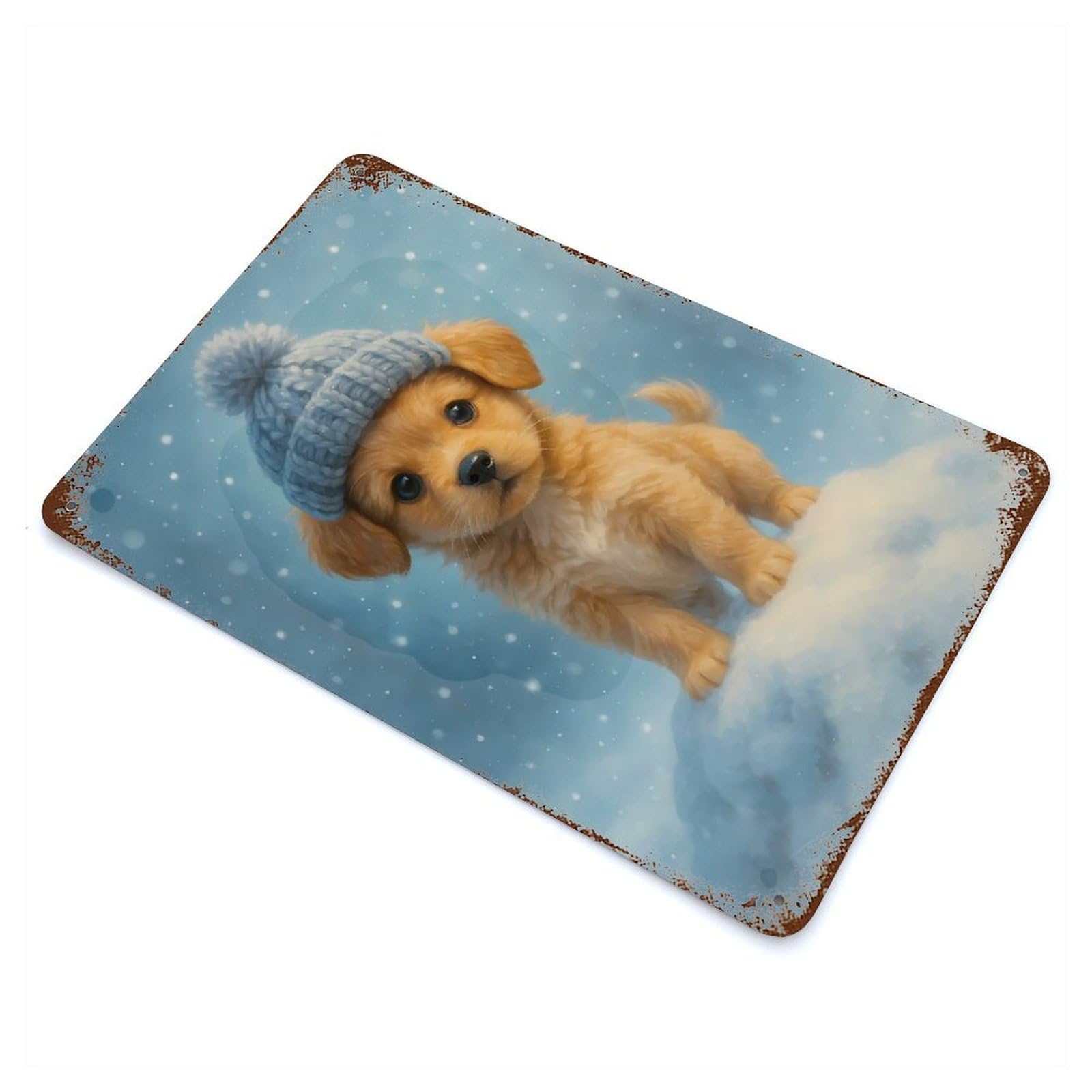 Rust Effect Cute Puppy in Winter Hat Weathered Tin Sign 11.8"x7.9", Novelty Wall Decor for Office, Studio And Wall Decor