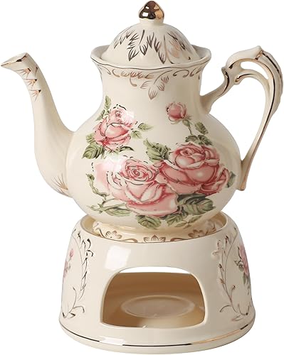 Tetera de cerámica vintage, calentable con calentador, decoración para fiesta, campamento o boda, 25 onzas2 tazas, color blanco con rosas rosadas y