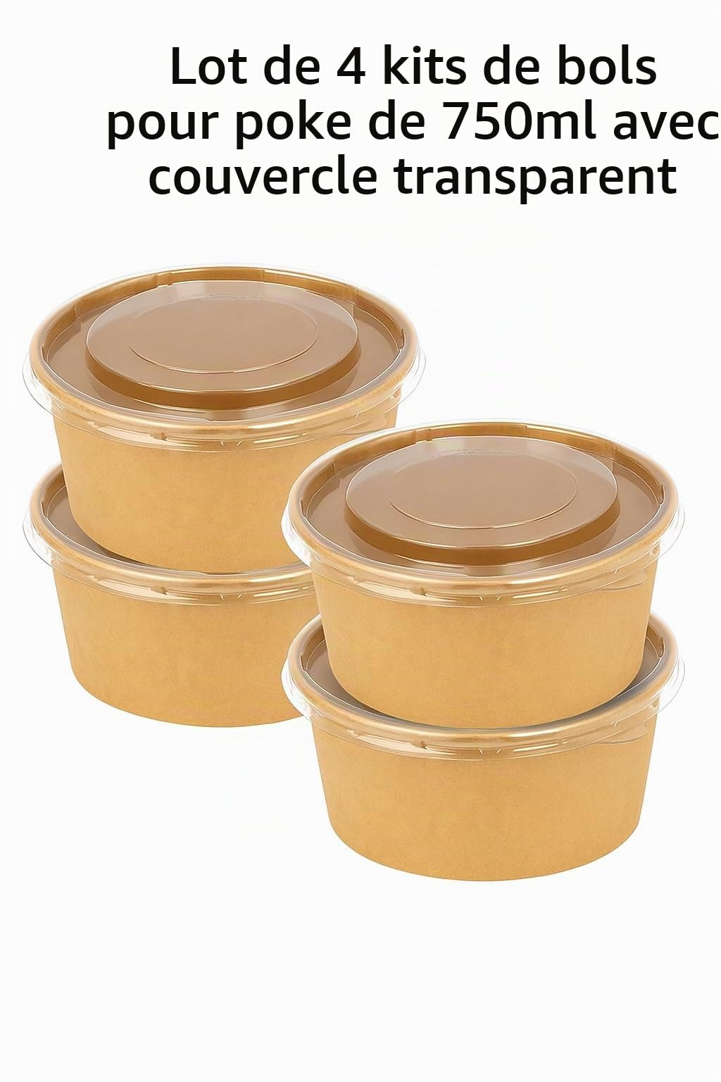 Terryshop74 Lot de 4 saladiers pour Poké 750 ml avec couvercle transparent – Bols en papier kraft avec couvercle PET – Résistants, recyclables, parfaits pour les salades, Poké Bowl, Take Away