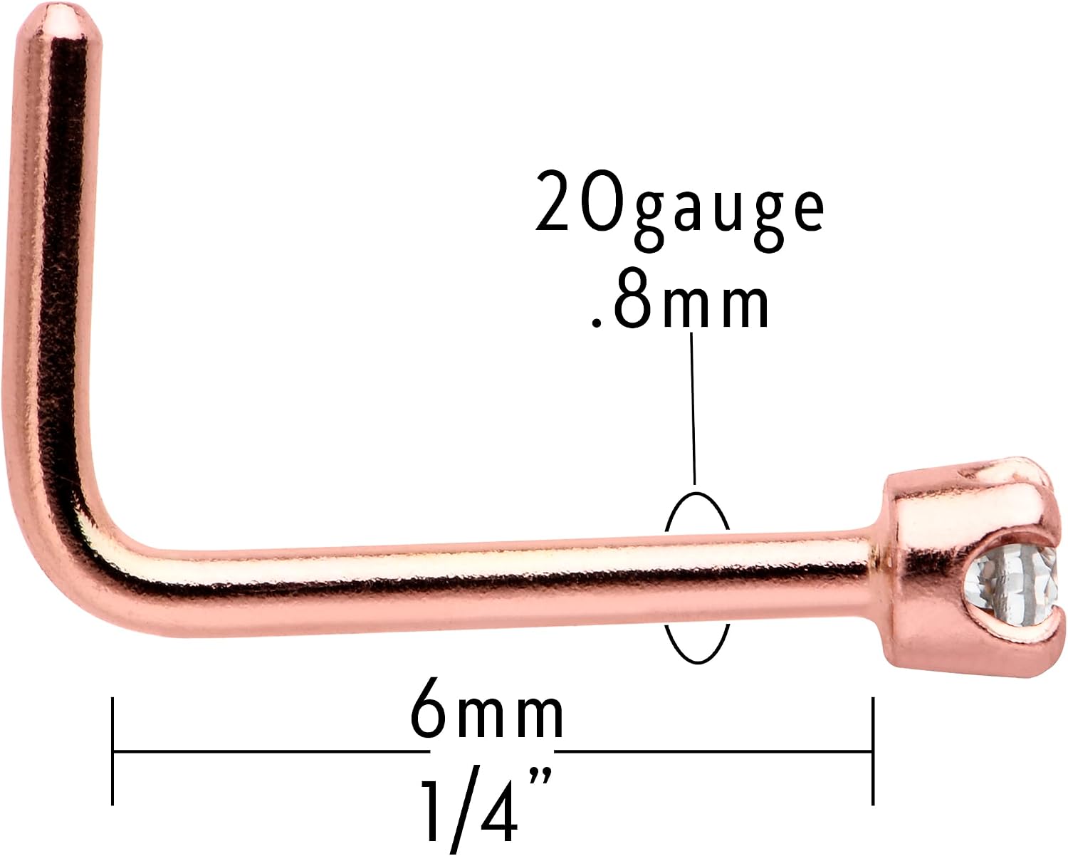 Body Candy 14k Rose Gold 1.5mm (0.015 cttw) Genuine Diamond L Shaped Nose Stud Ring 20 Gauge 1/4"