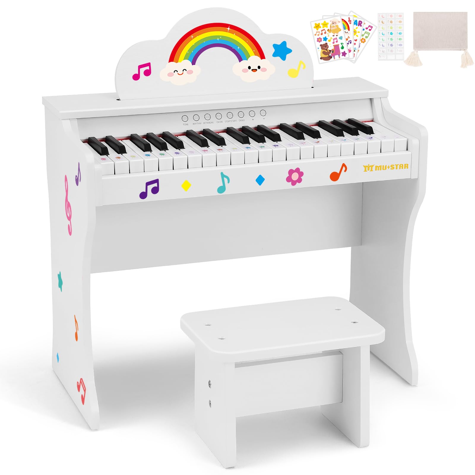 Kids Piano Keyboard, 37 Keys Wood Digital Piano for Kids with Bench,Song Book, DIY Stickers, Cover, Education Creative Musical Instruments Toy for Boys & Grils Gifts (White-2)