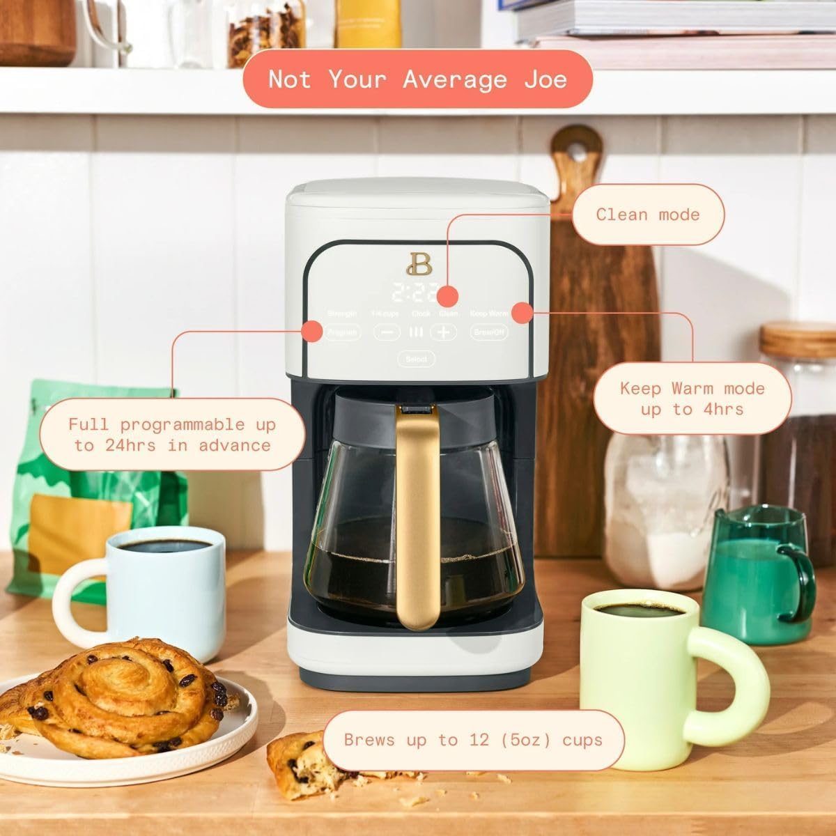 B- 12-Cup Programmable Coffee Maker with Touch-Activated Display, Auto Brew Timer, Reusable Filter & Large Glass Carafe (White Icing) - 3