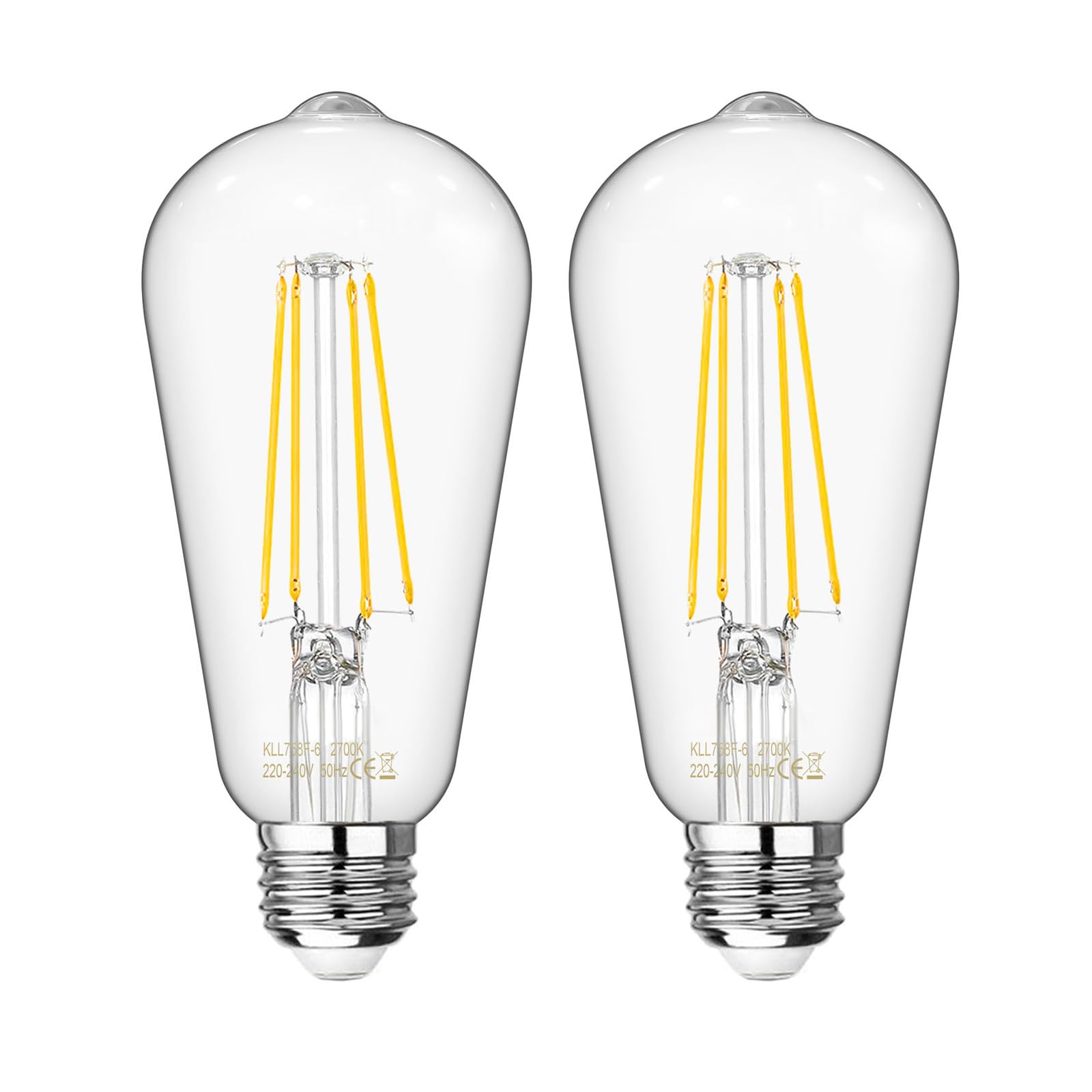 Uchrolls Vintage Edison Light Bulb ST58, E27 Base,6W (Equivalent to 60W),Warm White,2700K,800lm,Filament Clear LED Bulb, Non-dimmable, Pack of 2