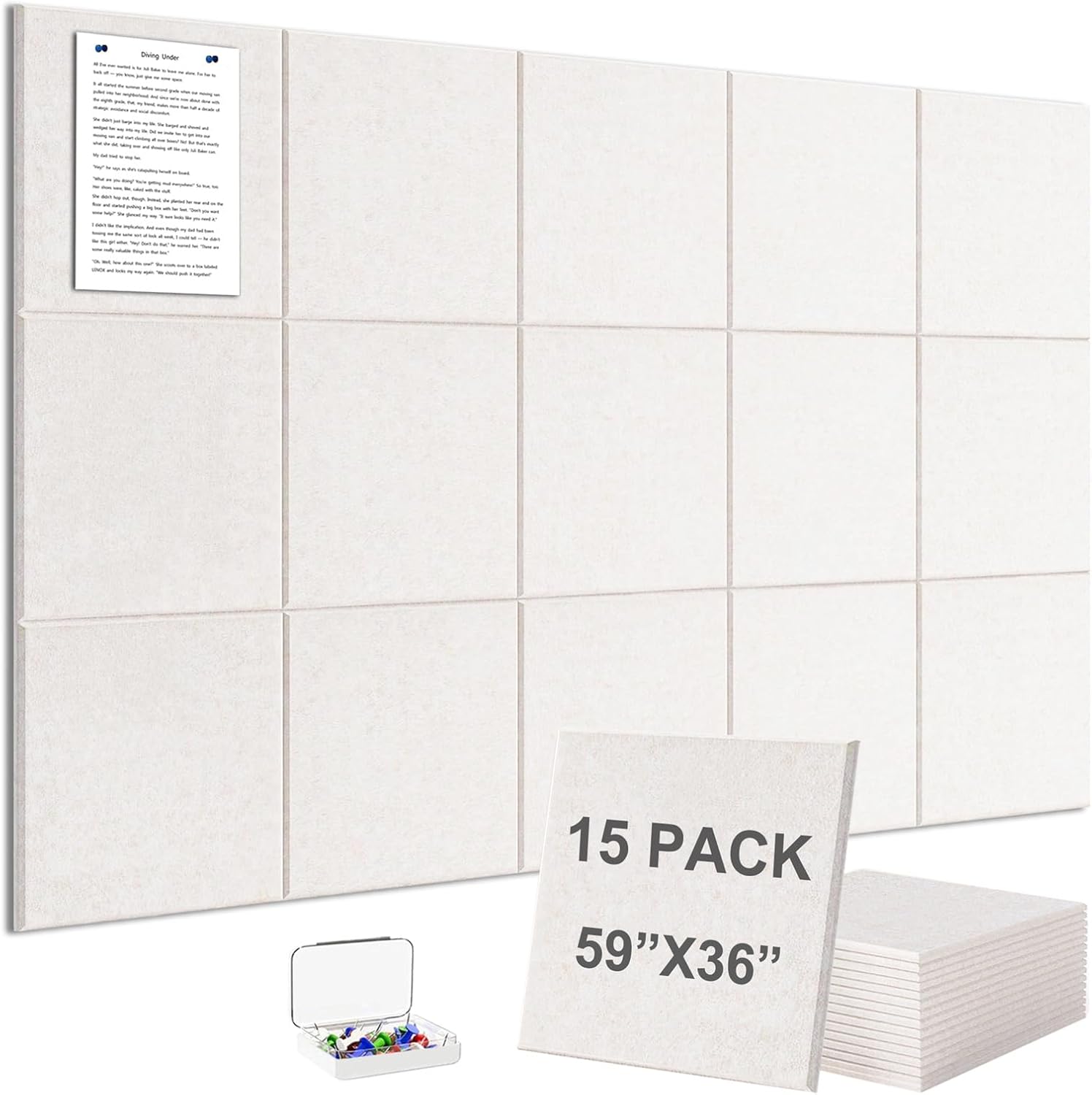 Large Felt Wall Tiles Bulletin Board 59”x36”,Large Cork Board Alternative with 60 Pushpins, 15-Pack Felt Pin Board with 112 Safe Removable Adhesive Tabs for Home Office School (Black)