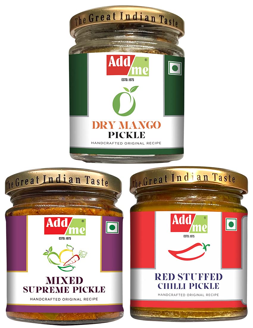Add me home made hand made dry mango pickle sukha aam ka achar 150gm, mixed pickle 200gm, red stuffed chilli pickle banarasi bharwa lal mirch, 200gm all in pure mustard oil mix combo gift pack Glass jar