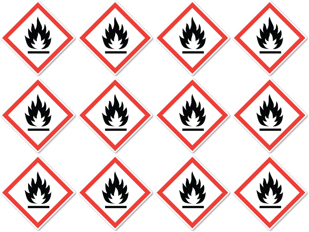 Flammable, Hazard Symbol UN/GHS Hazard Pictogram - Sticker 2.5cm - Pack of 12, Red