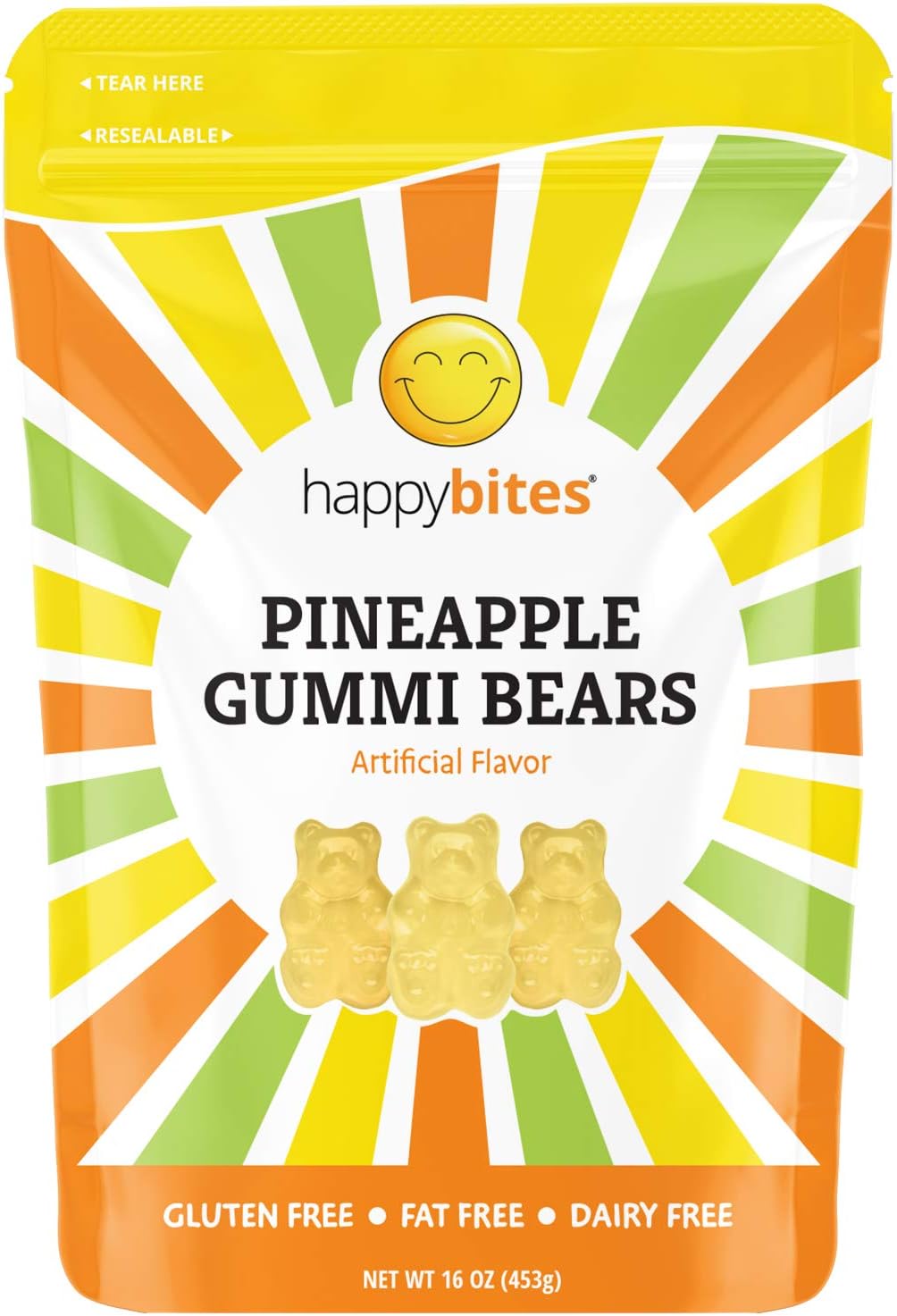 Happy Bites Pineapple Gummi Bears - Gluten Free, Fat Free, Dairy Free - Resealable Pouch (1 Pound)