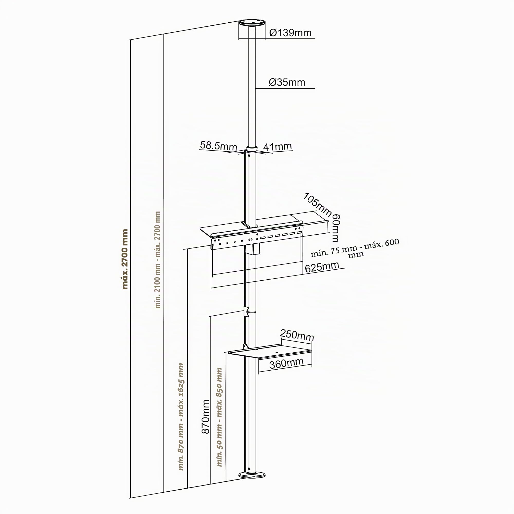 Maclean MC-791N Soporte para TV con Estante Montaje en el Techo y Suelo TV OLED QLED LCD LED 37-70 Pulgadas máximo VESA 600x400 hasta 30 kg