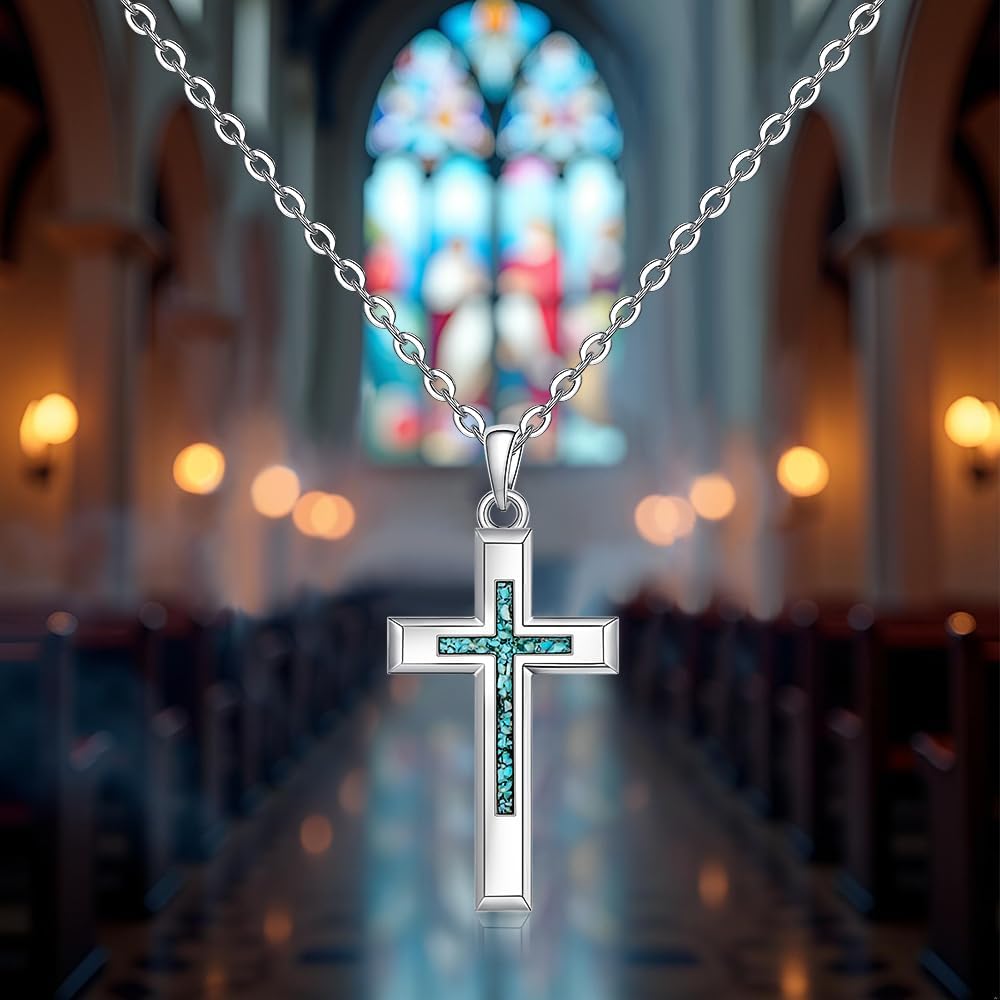 Sterling Silver Cross Necklaces for Women Silver Cross Crushed Turquoise Necklace Dainty Simple Pendant Nature Turquoise Jewelry Gifts - Image 7