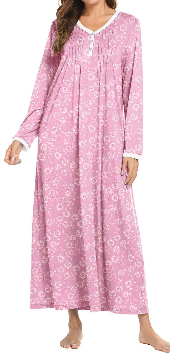 Ekouaer Nachthemd Damen Lang Nachtkleid Langarm Nachthemden für Damen V-Ausschnitt Sleepshirt Winter S-XXL