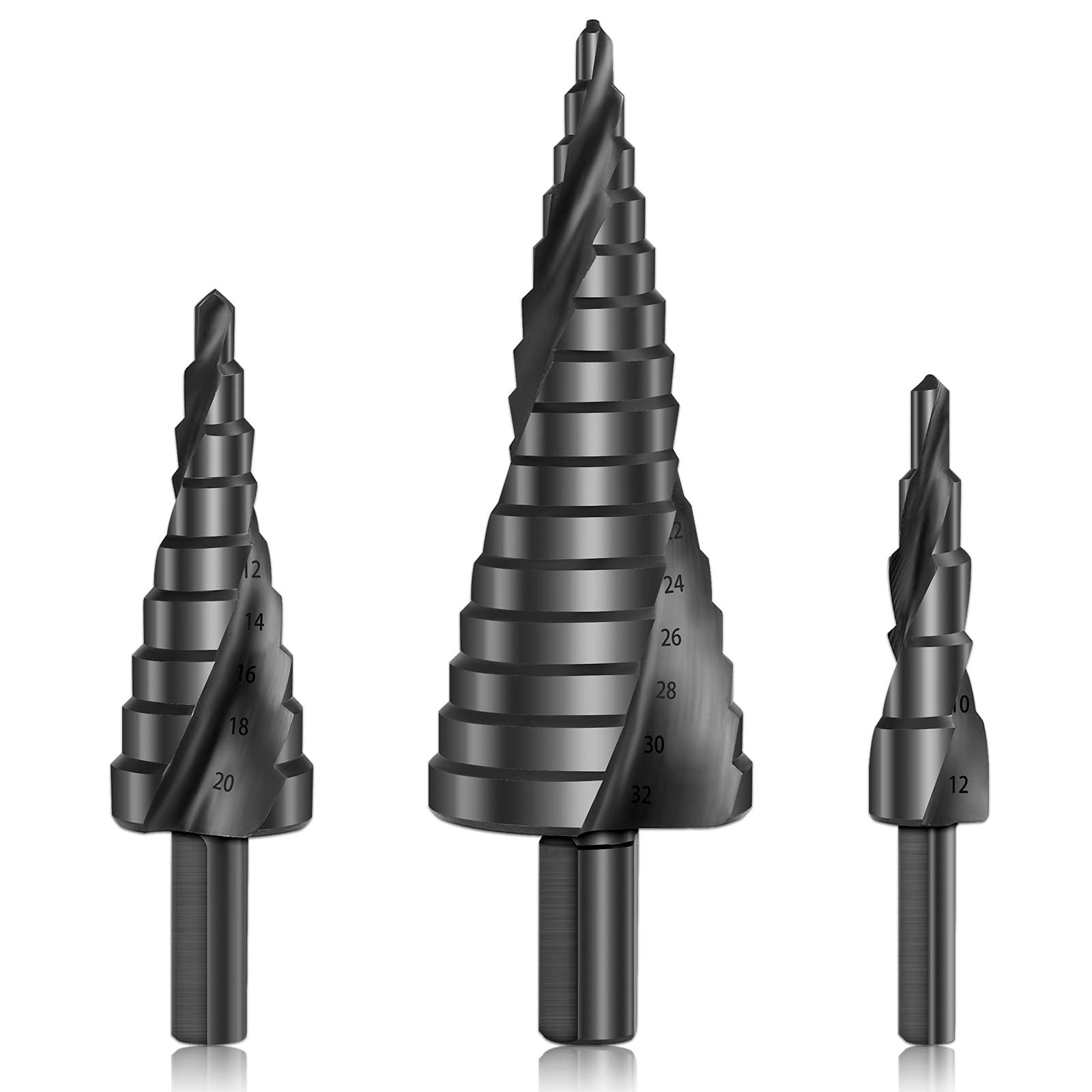 CYLBAQ3pcs Spiral Step Drill Bit Set, Titanium Nitride Coating High-Speed Steel, 4mm to 12/20/32mm(5/32" to 5/4") Triangle Round Shank, HSS Cut Tool Set for DIY Plastic Wood Metal Aluminum Copper