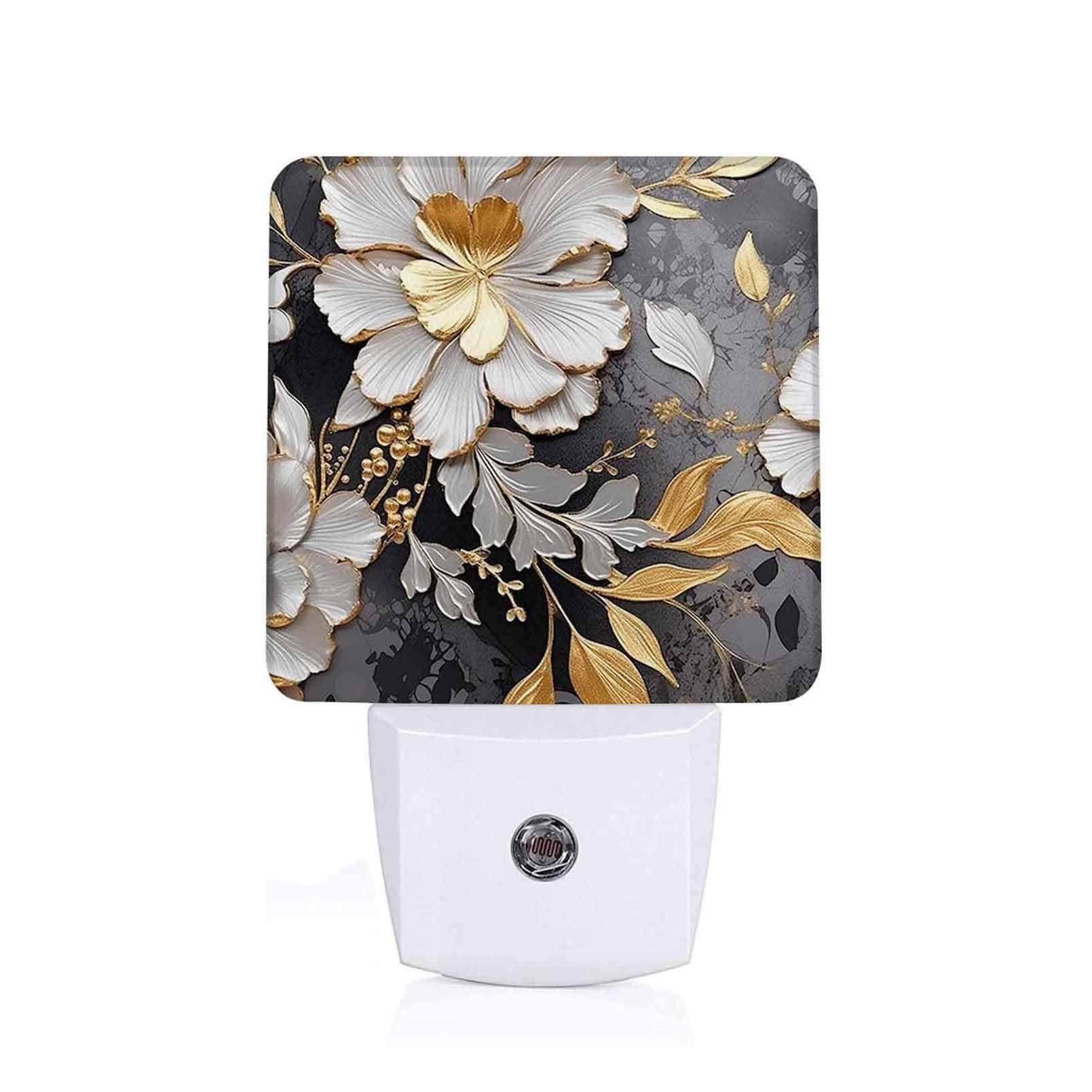 LED Night Light Lamp with Smart Sensor Dusk to Dawn Sensor Modern Abstract Art Flowers Golden Elements Night