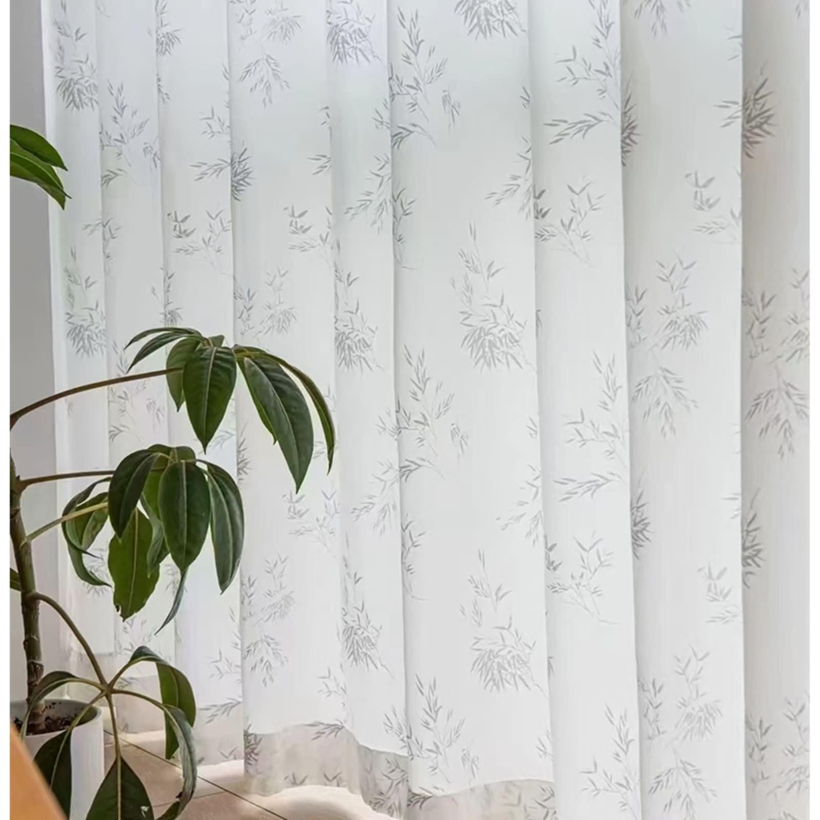 Rideau de Cuisine Blanc, Rideau Fenetre Motif de Feuilles Polyester Lot de 2 107W x 183L cm