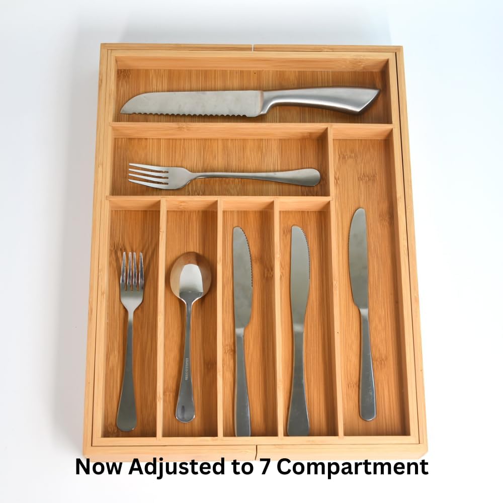 Bamboo Kitchen Drawer Organizer: Expandable Tray, Adjustable Cutlery Holder, 9 Slots Total Bamboo Wood Caddy for Flatware Cutlery Knives, Spoons & Forks, Eco-friendly, Durable