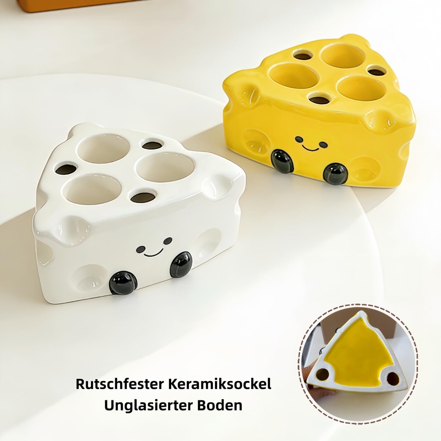 Ceramiczny uchwyt na szczoteczki do zębów, wzór sera, na elektryczne szczoteczki do zębów, 14 x 14 x 6 cm, kremowo-biały/żółty, antypoślizgowy (masłożółty, 2 sztuki)