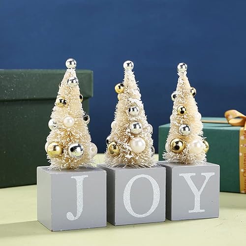 Miniatura 27 de Ochine 12 mini árboles de Navidad artificiales, árbol de mesa de Navidad, mini árboles de sisal de pino con base de madera de nieve, adornos para D