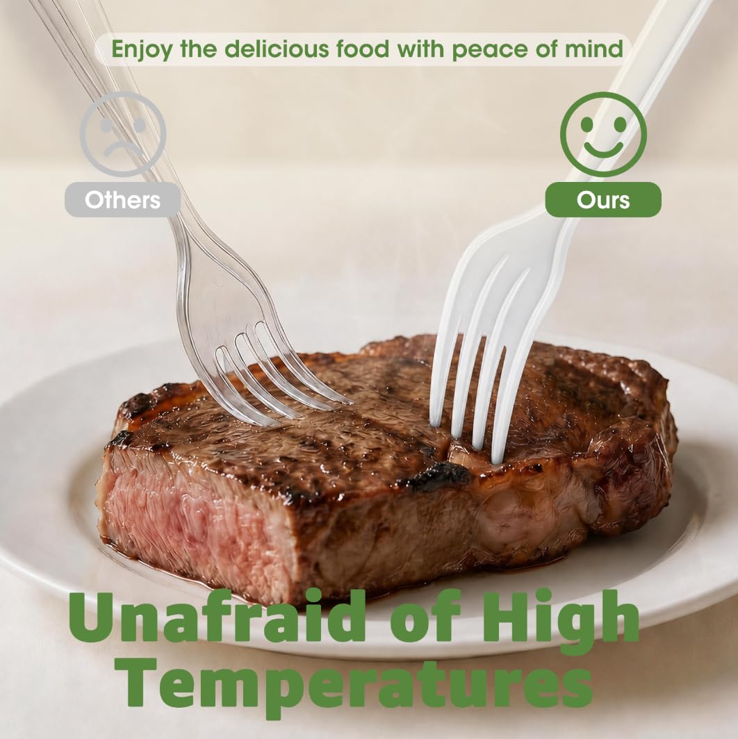 100% Compostable Forks 500 Pack, 6.7" Heavy Duty Plant-Based CPLA Utensils, BPI Certified Biodegradable Disposable Plastic Forks Alternative, Heat Resistant 212°F Flatware for Parties & Camping — Amazon image 4