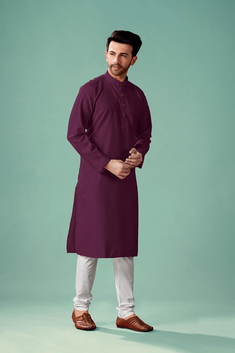 In-Sattva Men's Indian Classic Banded Collar Pure Cotton Long Kurta Tunic; Ruby Wine; MD