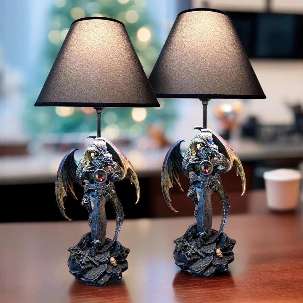 2 Pack 24.5" Fantasy Collectible Dragon Statue Table Lamp Set Sword with Fabric Light Shade for Gothic and Medieval Décor (2PC-71792-Purple/Green)