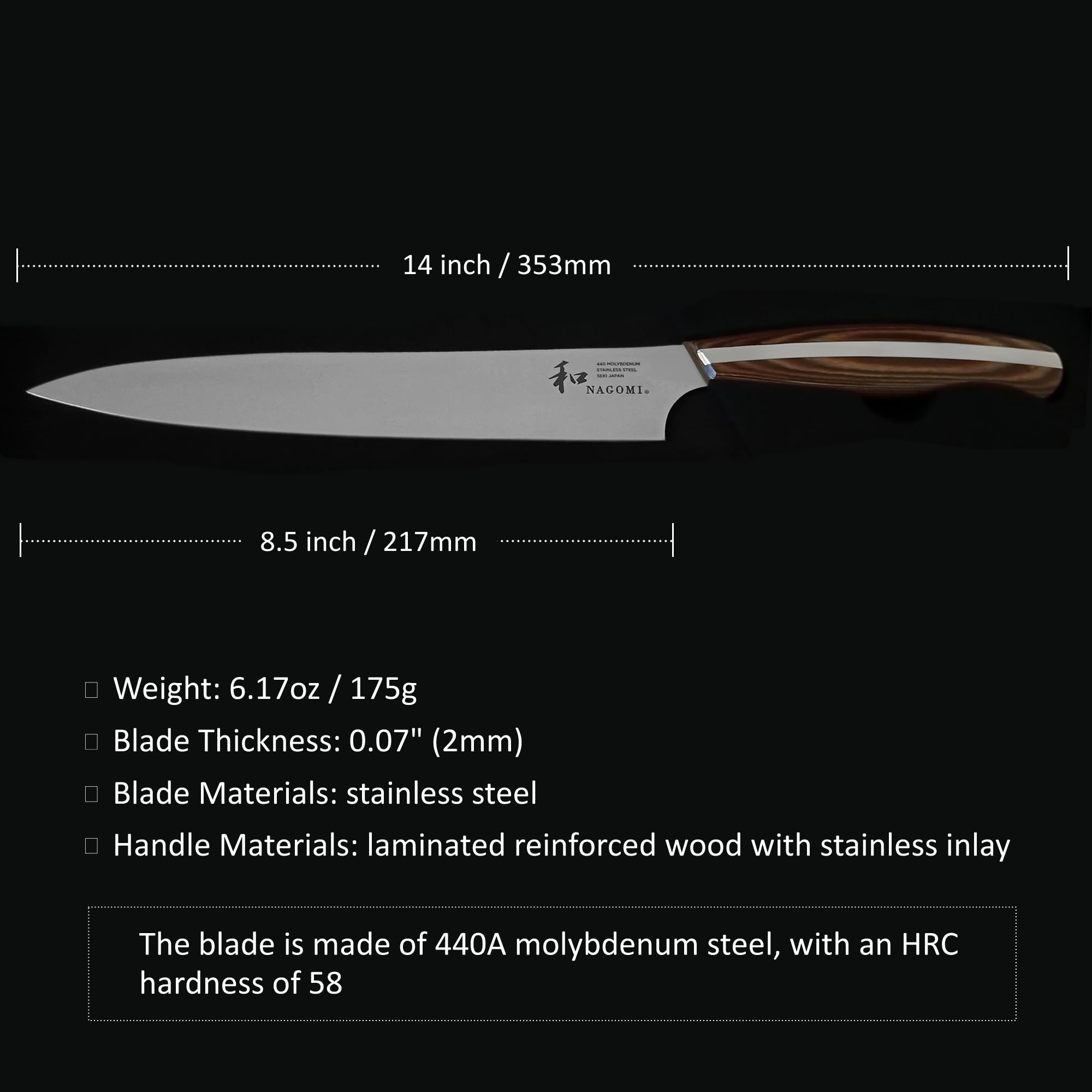 [NAGOMI] 8.5 inch Premium Slicing Knife, Stainless Steel HRC58 Carving Knife for Slicing Roasts, Meats, Sashimi, Fruits and Vegetables | Black Stylish Gift Box — Amazon image 5