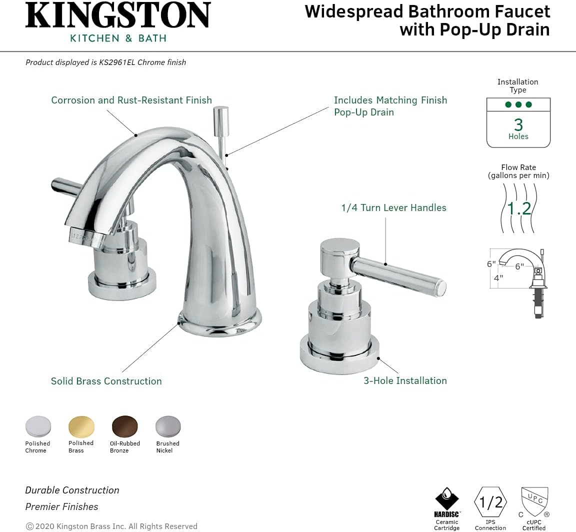 Kingston Brass KS2961EL Elinvar Widespread Lavatory Faucet, Polished Chrome
