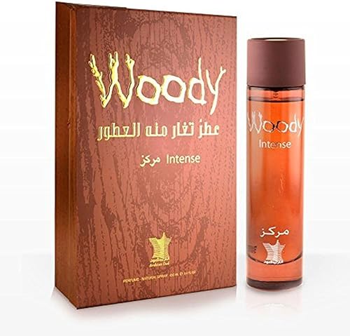 Arabian Oud WOODY INTENSE 3.4 fl oz  Eau de Parfum Unisex  Bergamota, Ámbar, Rosa y Sándalo  Aroma oriental y amaderado.