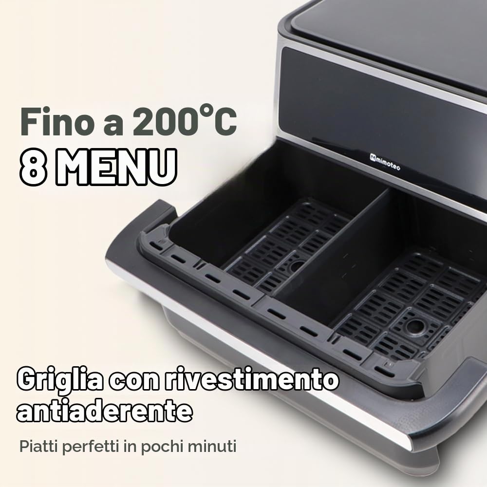 M mimotec - Doppio Touch 11L (5,5+5,5L) Friggitrice ad Aria Doppia Senza Olio, 2850W, 10 Menu, Touch Screen, Timer Regolabile 60 Minuti, 80-200°C, Cottura Facile e Sana