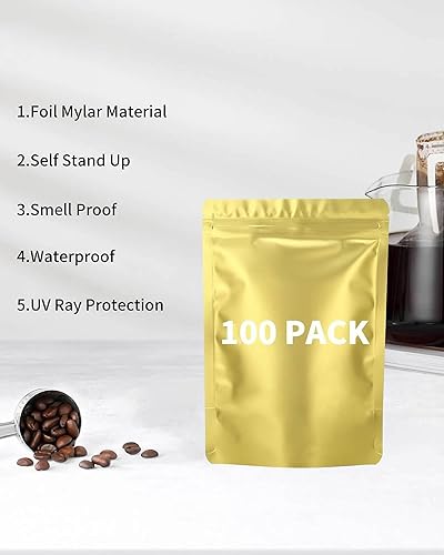 Miniatura 3 de 200 bolsas resellables de Mylar (3.3 x 5.1 pulgadas, oro mate), bolsa de papel de aluminio con cierre de cremallera, a prueba de olores, embalaje