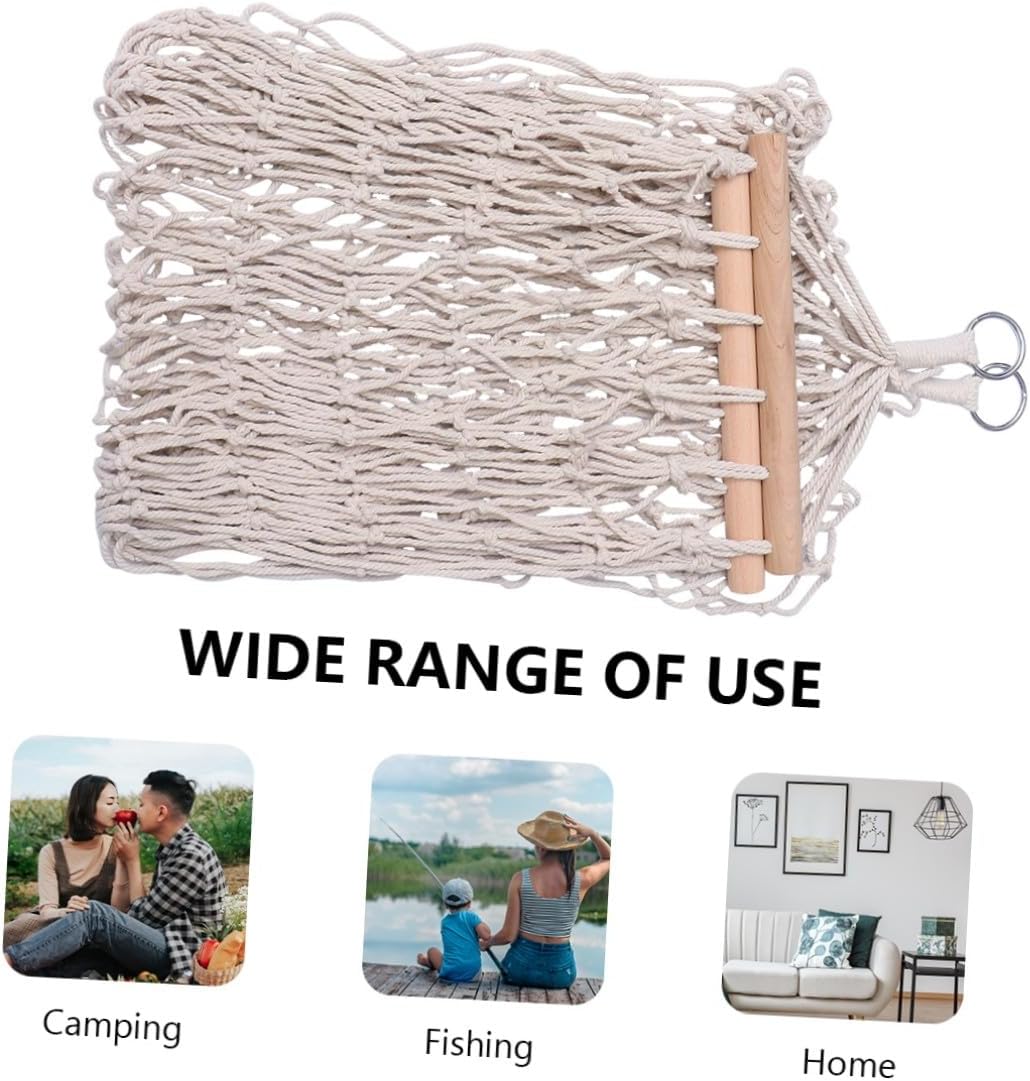 Outdoor Mesh Hammock with Wood Stick, Single Cotton Rope Hanging Sleeping Bed, Portable Leisure Hammock for Camping and Backyard Use
