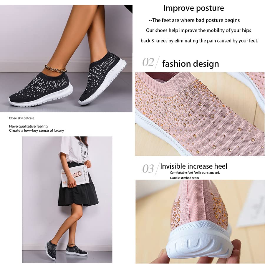 AngryMonkey Womens Rhinestone Sneakers Slip On Wedge Orthopedic Breathable Mesh Platform Lightweight Walking Loafer with Crystal Glitter4