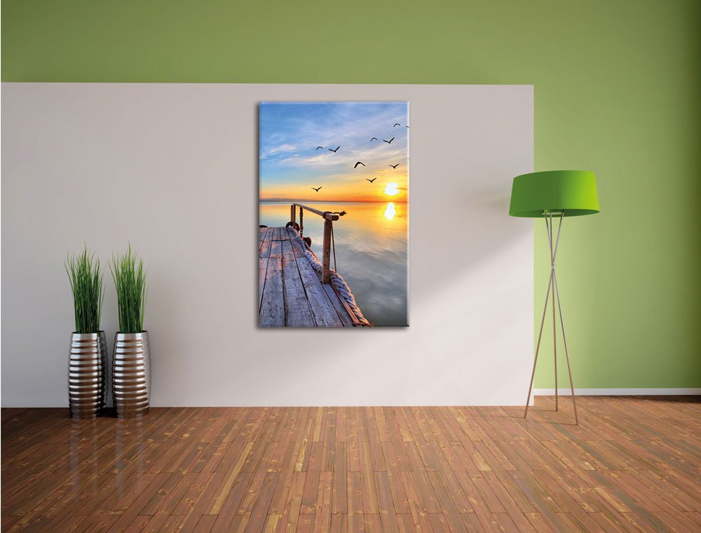 Pixxprint Steg mit Möwen bei Sonnenuntergang als, Größe: 120x80cm, Leinwandbild, fertig gespannt, Wandbild, Dekoration, Kunstdruck, kein Poster