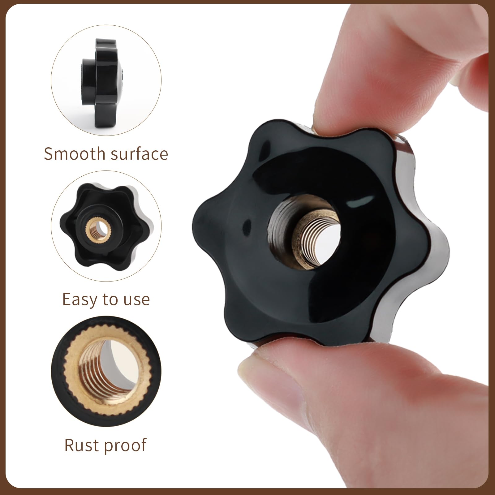 8 dadi con impugnatura a stella M8, diametro esterno 38 mm, dado ad ala in plastica nera, dado zigrinato, filettatura interna in ottone per macchine utensili, attrezzature per il fitness