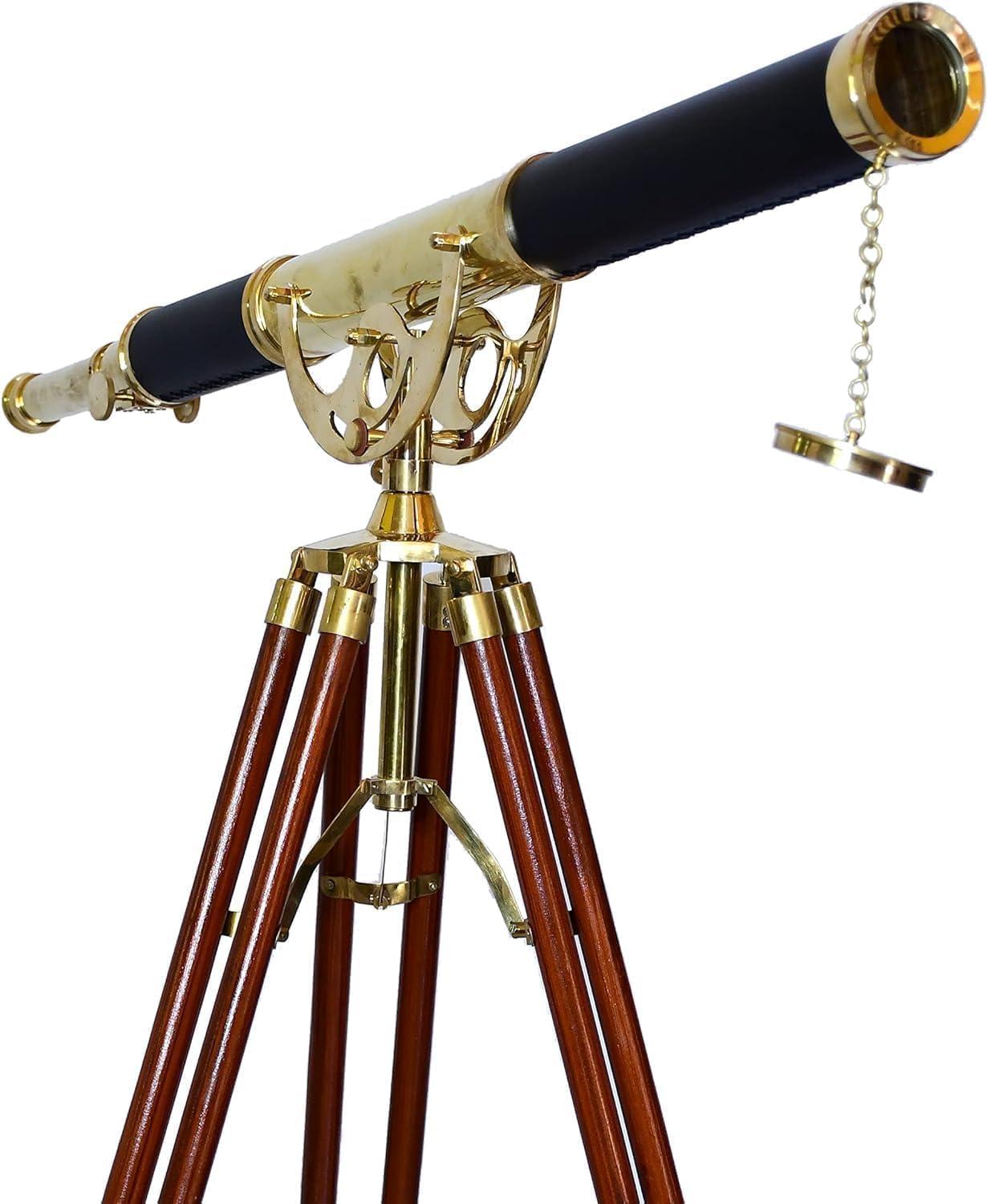 Vintage Brass Telescope Black Leather Shiny Brass Nautical Functional Marine Floor Standing Wooden Tripod Collectible Retro Telescope