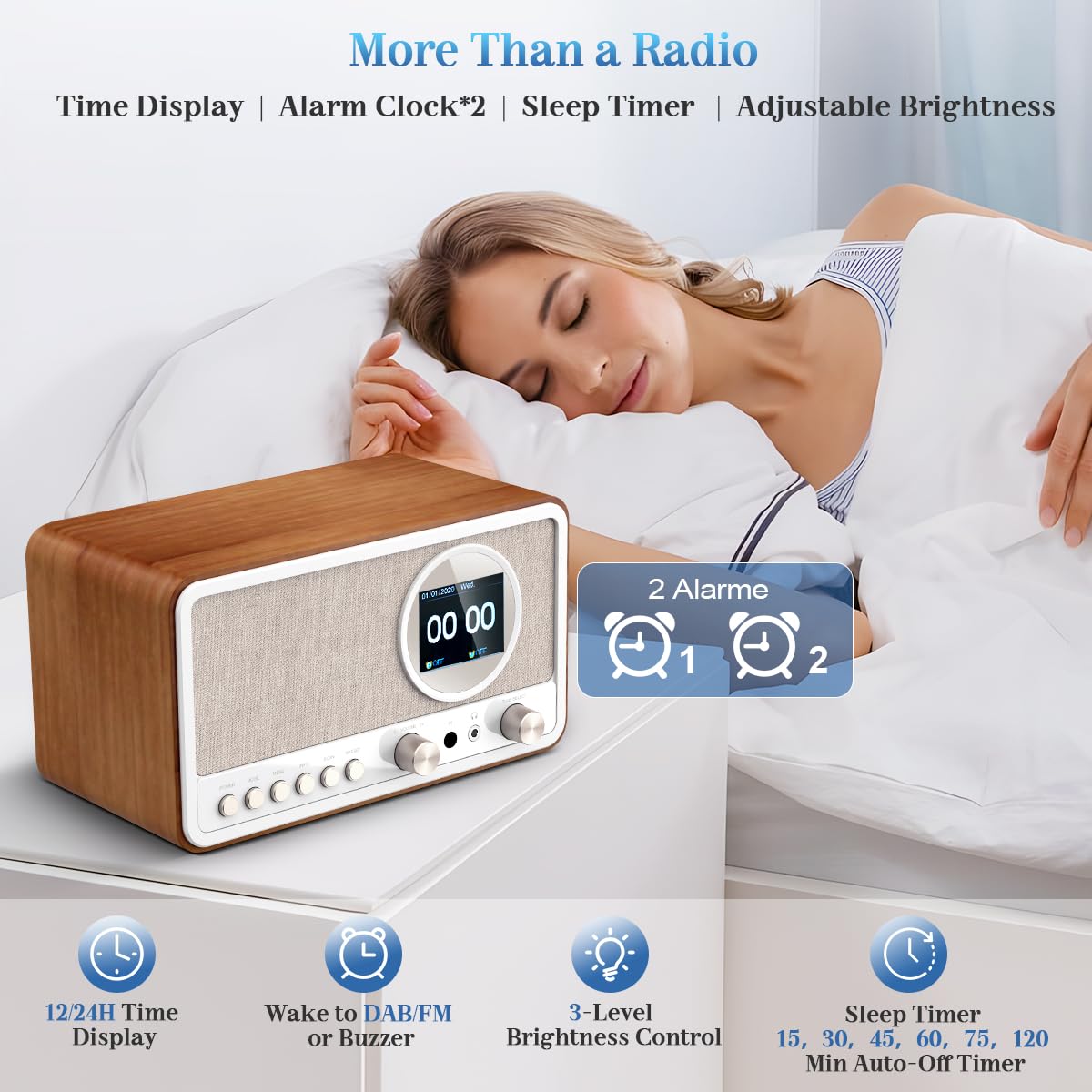 Radio DAB Plus avec Bluetooth, radio DAB+ / FM avec télécommande et fonctionnement sur secteur, radio-réveil avec double alarme, port USB/AUX, minuterie de mise en veille, 30 stations préréglées