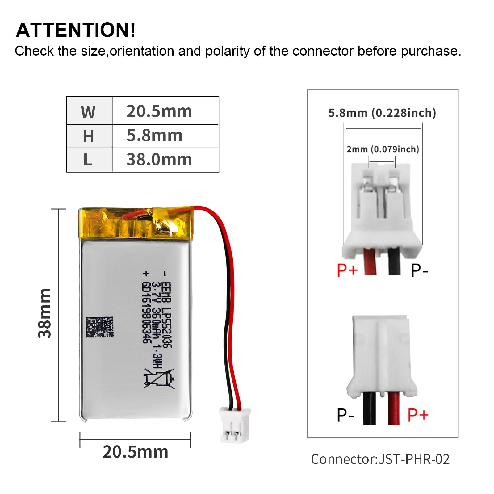 EEMB 3.7V 360mAh 552036 Bateria Lipo ładowalny litowy polimerowy ze złączem JST - Upewnij się, że polaryzacja urządzenia pasuje do akumulatora przed zakupem!!!