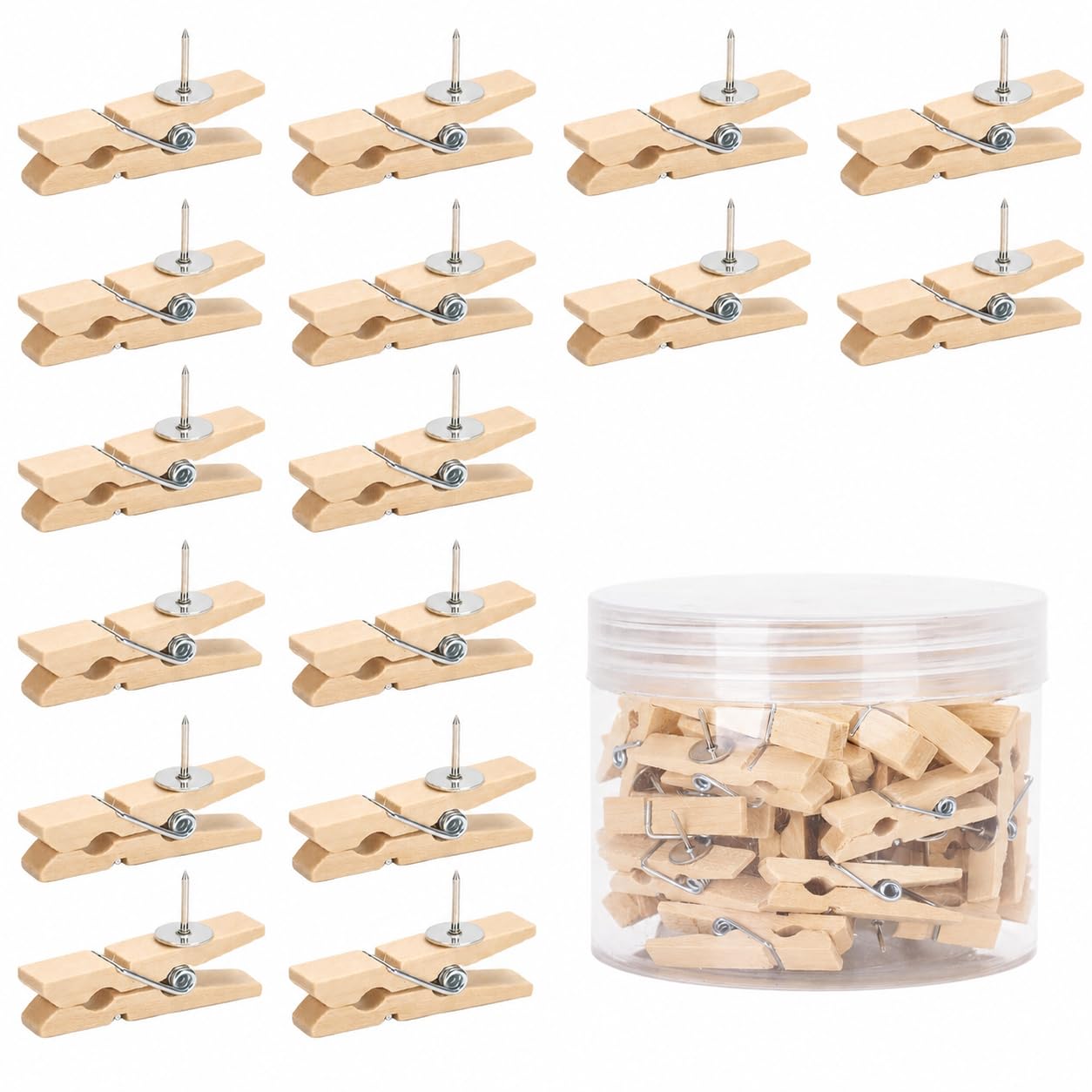 jijAcraft 50Pcs Push Pins with Wooden Clips: Natural Wooden Clip Thumbtack