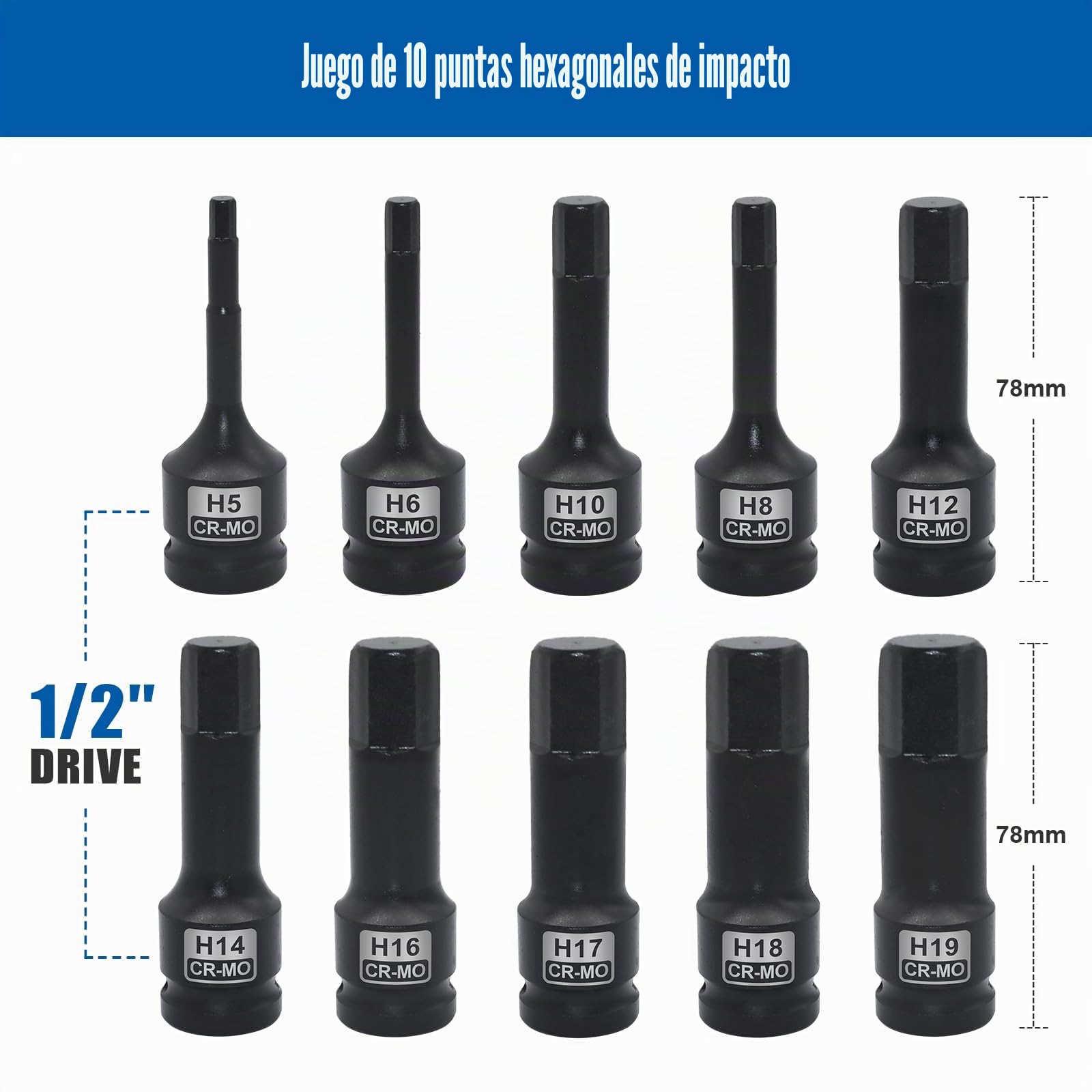 DAKCOS Juego de llaves de vaso Hexagonales 1/2" para Impacto, 5-19 mm, 10 piezas de llaves de Hexagonales de impacto,CR-MO