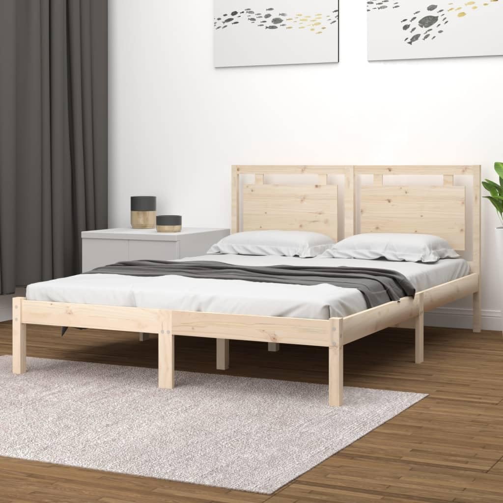 Lite drewno sosnowe Klasyczna rama z listwami Brąz 120x190 cm | Rama łóżka lite drewno sosnowe 120x190 cm podwójna z zagłówkiem do sypialni
