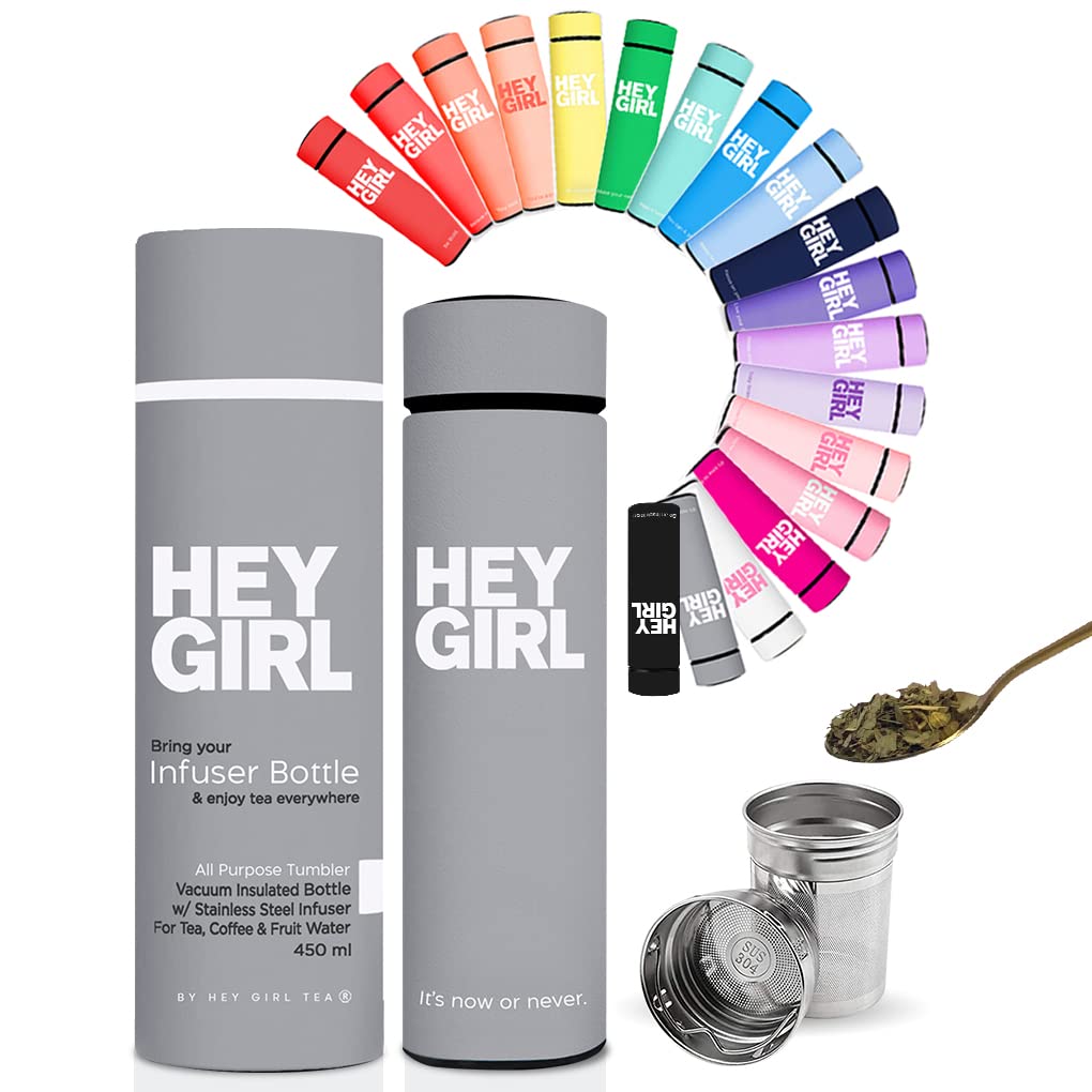 Hey Girl Tea Infuser Bottle 450ml - Insulated Stainless Steel Water Bottle - Tea Tumbler with Tea Diffuser - Portable Travel Mug for Loose Leaf Tea &
