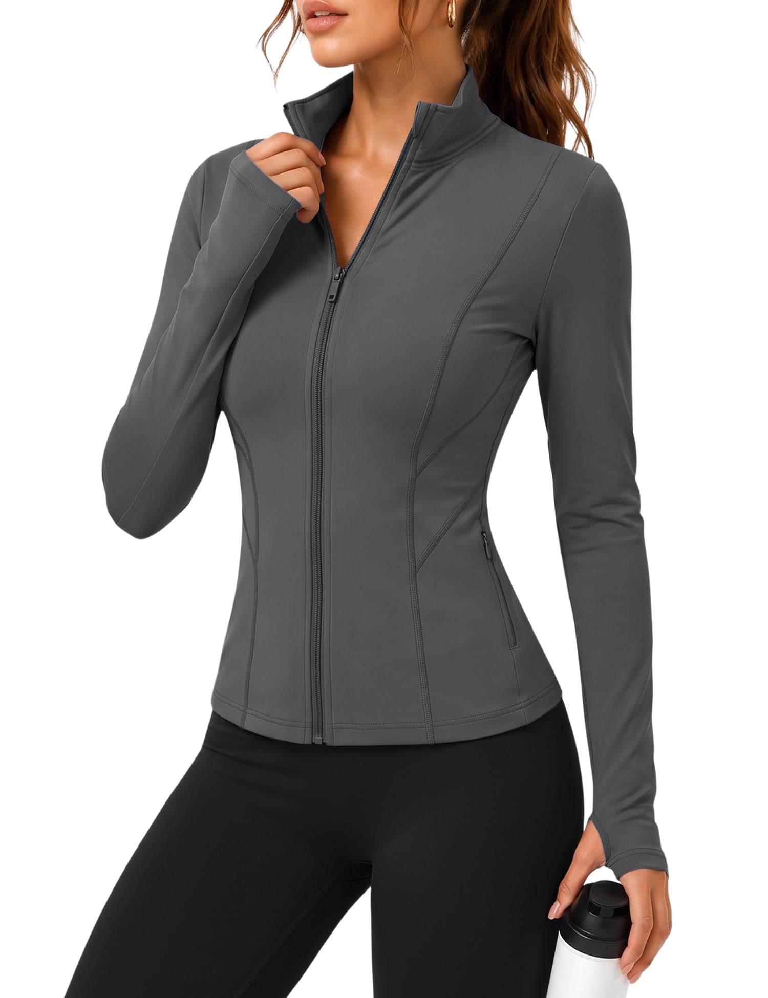 Rapbin Women's Slim Fit Workout Jackets Full Zip Long Sleeve Running Athletic Tops Yoga Shirts with Thumb Holes