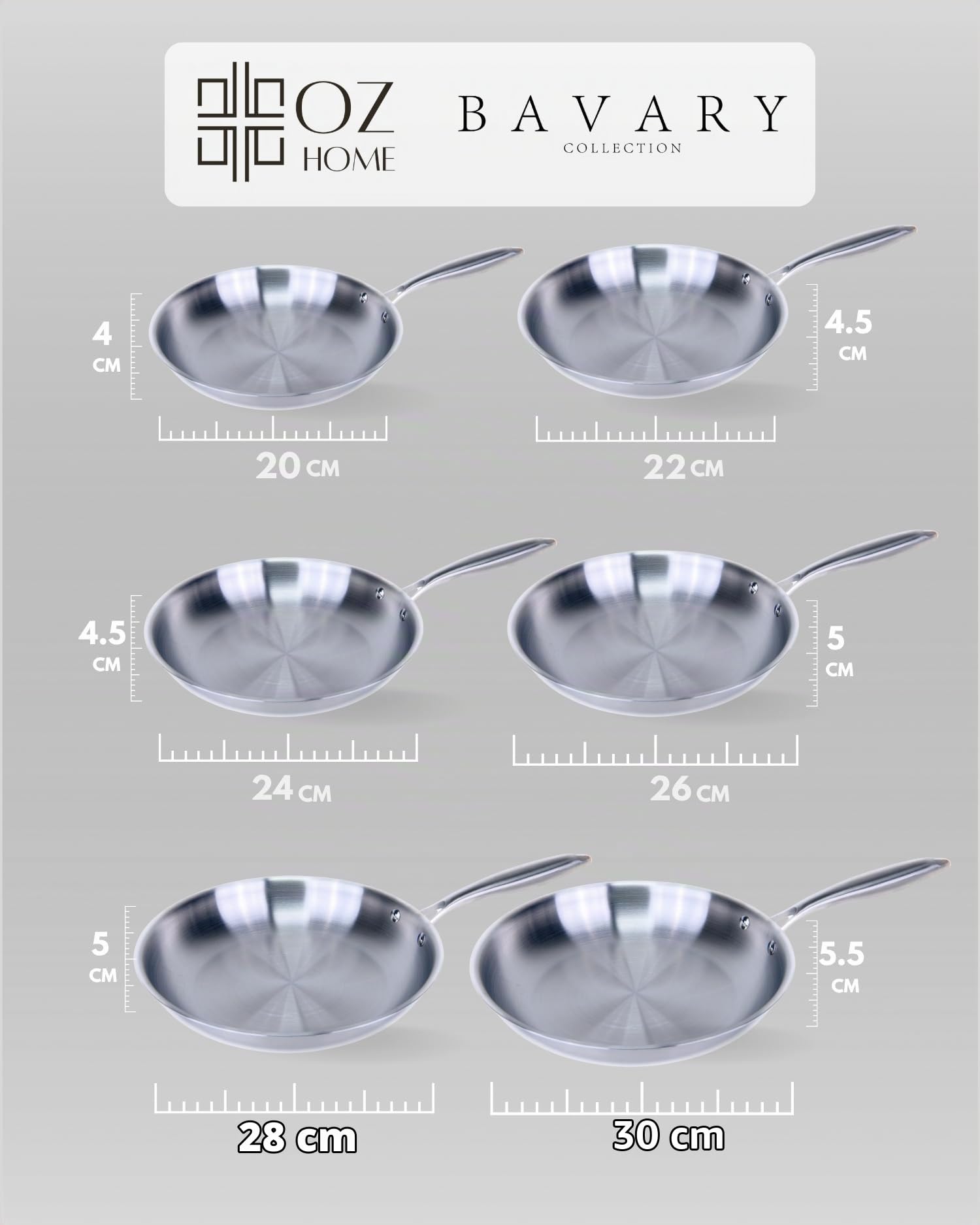 BAVARY Lot De Poele Induction (20-22-24-26-28-30cm) - Poele Inox 18/10 - Poeles Inox Inductions Non Revêtues - Poêles À Frire Pour Gaz Et Tout Feux - Sauteuse inox Lave-Vaisselle Ok - Poêle Induction